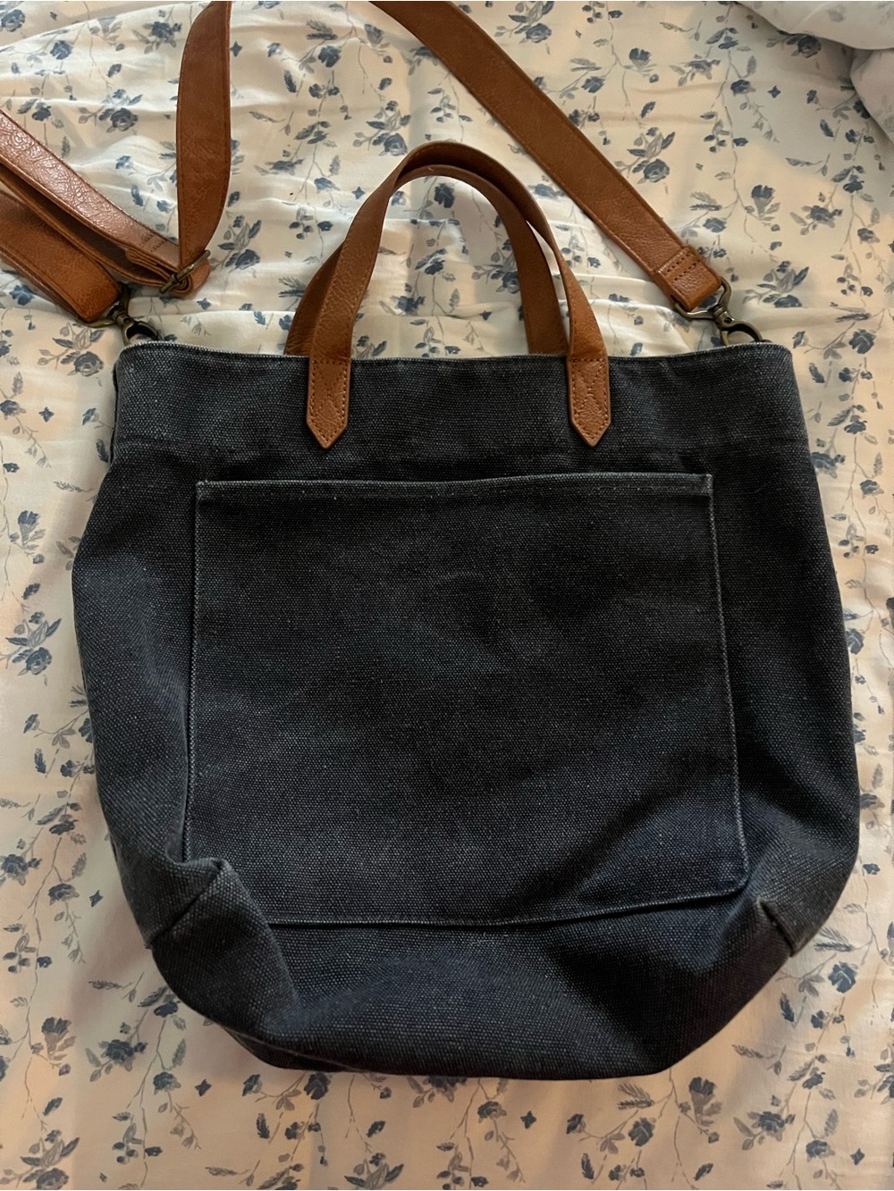 thirty-one Black Canvas Tote with Brown Leather Handles